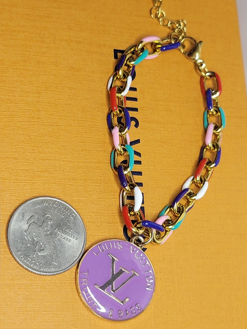 Purple/gold Multi Color Chain Link Bracelet, LV Trunks Bags Zip Pull